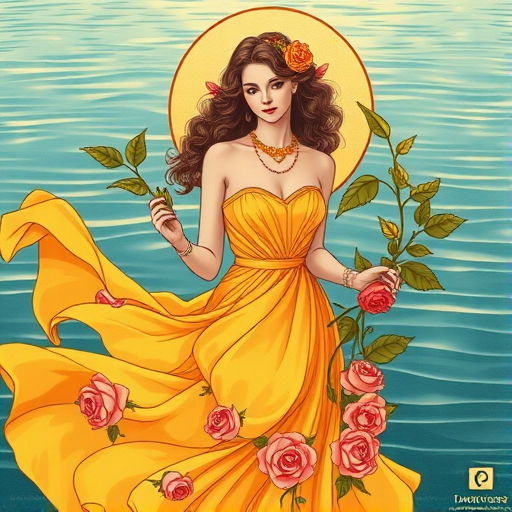 Create a vibrant art nouveau illustration featuring a woman in a flowing yellow dress adorned with roses, holding a branch of leaves, set against a serene water background, captured with a DSLR camera, 50mm lens, aperture f/2.8, ISO 100, natural lighting for enhanced colors and details.