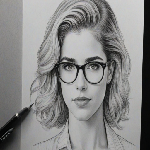 Exquisite Emily Bett Rickards, pencil sketch, portrait of Attractive woman 1939s in glasses, hair style beatnik, outline, clear lines, fine lines, 8k