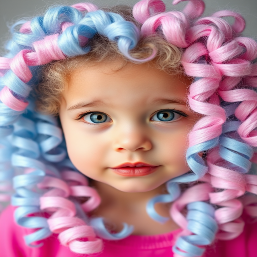 Whimsical picture of a child with Cotton Candy Swirl hair, pastel pink and blue blended together in soft, fluffy ringlets framing their face