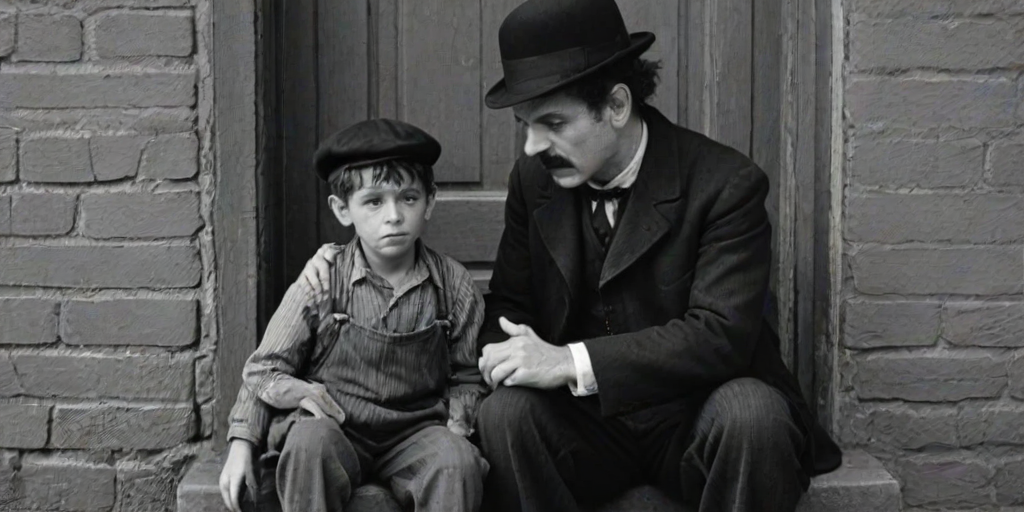 A black-and-white photograph of a man and a child sitting on steps in front of a doorway. The man is dressed as a tramp with a bowler hat, mustache, and ragged clothes, reminiscent of Charlie Chaplin's iconic look. He is sitting with his arms crossed and an expression of slight sadness or frustration. Next to him is a young boy, also in worn clothes and a cap, sitting with his hands clasped, looking thoughtful. The background is an old, textured wall and a partially open door, creating a vintage, early 20th-century atmosphere.