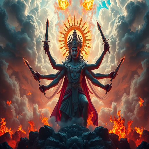 Create an epic scene of a powerful deity surrounded by dynamic clouds and fire, showcasing multiple arms displaying weapons, with dramatic lighting and intensity, shot with a Canon EOS R5, 24mm lens, f/2.8 aperture, ISO 100, in high-resolution, capturing vibrant colors and details.