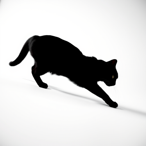 Generate a high-resolution image of a minimalist black silhouette of a cat stretching on a white background, using a DSLR camera set to f/2.8 aperture, ISO 100, 1/200 sec shutter speed, shot from a low angle with a wide-angle lens for depth and clarity.