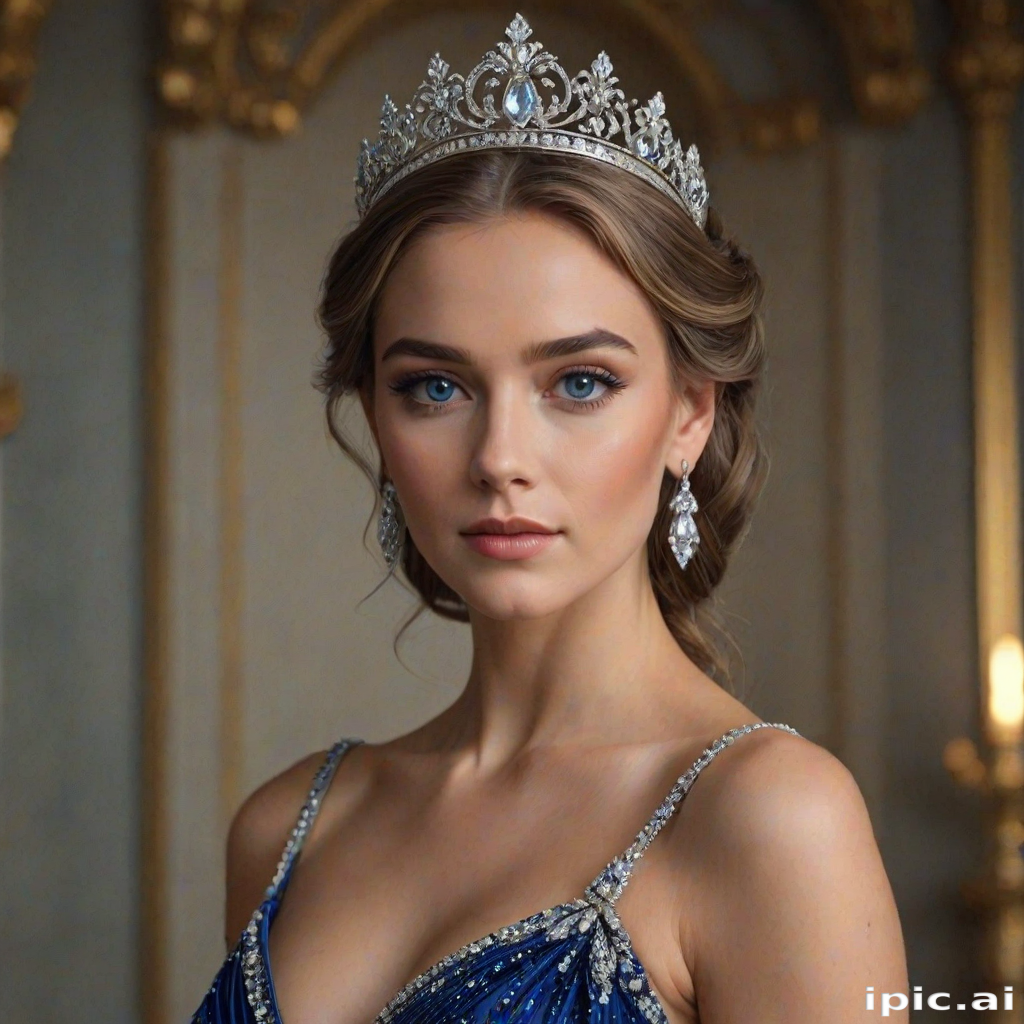 A gorgeous woman in a luxurious blue gown, accessorized with a dazzling tiara and statement earrings, her deep blue eyes highlighted by impeccable makeup, poised in a royal setting, photorealistic, 8K quality