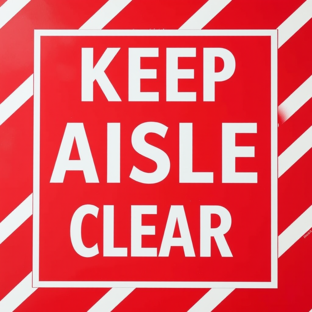 Create a vibrant sign displaying "KEEP AISLE CLEAR" in bold white letters on a red background, with diagonal white and red stripes bordering the edges, taken with a digital camera at f/8 aperture, 1/200 second shutter speed, ISO 200, and a 24mm lens in a flat lay style.