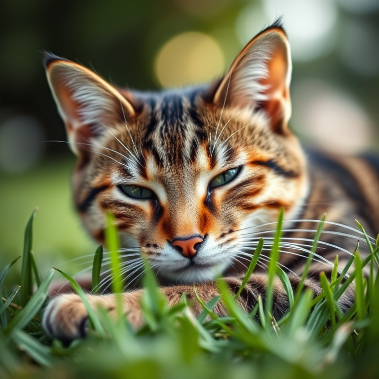A close-up of a relaxed tabby cat lying on green grass, soft bokeh background, natural lighting, aperture f/2.8, shutter speed 1/200s, ISO 100, DSLR camera, macro lens, high detail and vibrant colors.