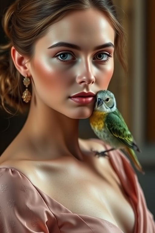 portrait of a young woman in elegant attire with a bird perched on her shoulder, soft lighting, shallow depth of field, f/1.8 aperture, 85mm lens, ISO 100, natural light, taken with a DSLR camera