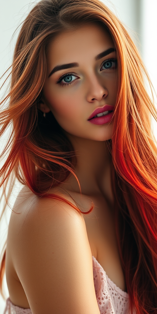 Portrait of a woman with long flowing hair in vibrant colors, soft Natural Light, ISO 100, f/1.8, 50mm lens, captured from eye level, using a DSLR camera for high resolution and detail.