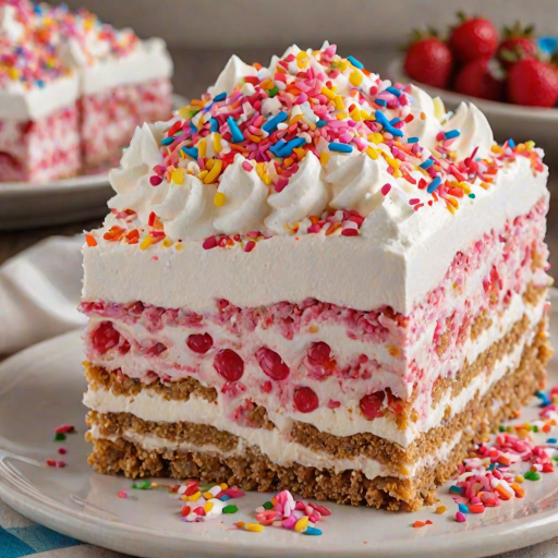 Create an image of a layered dessert featuring a graham cracker crust. The dessert should have a pink filling with irregular red and white jelly pieces mixed in, topped with fluffy whipped cream peaks and colorful sprinkles. The dessert should be shown with a slice cut out, revealing the vibrant layers inside.