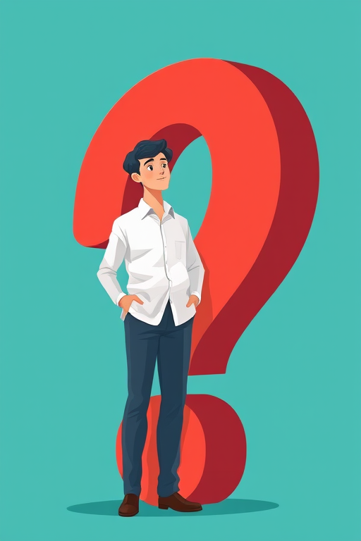 Create an illustration of a person in a white shirt standing next to a large question mark on a solid teal background, using a DSLR camera with a 50mm lens, f/2.8 aperture, ISO 100, and soft lighting for a clean and vibrant look.