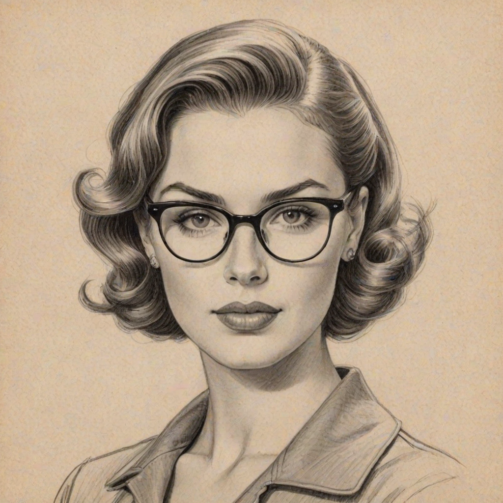 Elegant Hannah Brown, pencil sketch, portrait of Captivating woman 1950s in glasses, hair style beatnik, outline, clear lines, fine lines, 8k