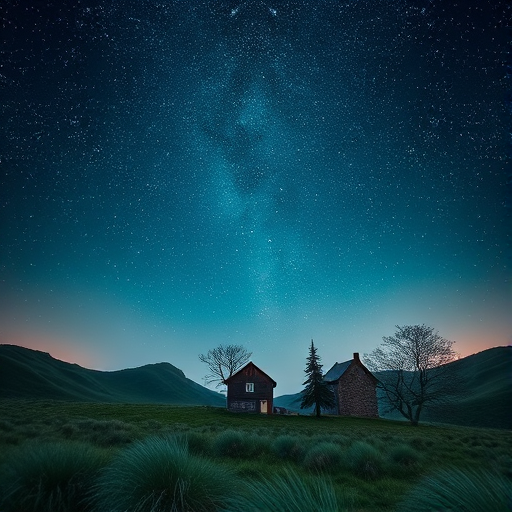Create a high-resolution image depicting a whimsical landscape with a small house and trees under a starry night sky, captured with a DSLR camera, 50mm lens, f/1.8 aperture, ISO 100, 1/60s shutter speed, in a wide-angle view for a more expansive feel.