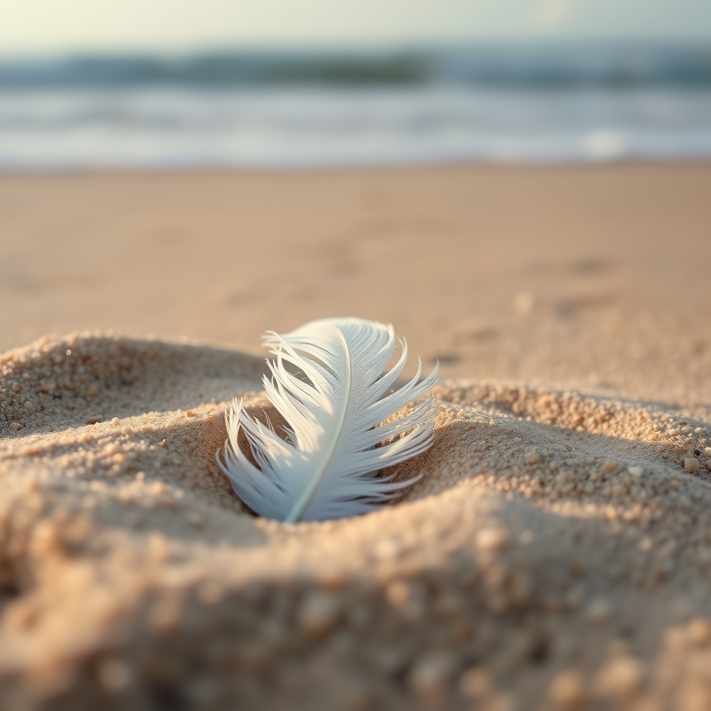Capture a close-up shot of a delicate white feather nestled in sandy beach textures, with a soft-focus background of gentle waves and a serene sky, using a DSLR camera with a 50mm lens, aperture set to f/2.8 for a shallow depth of field, ISO 100, and a shutter speed of 1/200s for enhanced clarity and detail.