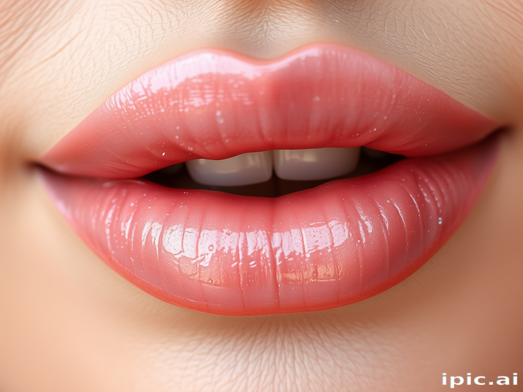 Enchanting close-up of pearlescent rose quartz lips with a dewy finish, emphasizing a soft, romantic glow and natural luminosity