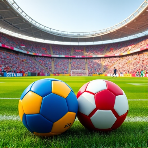 Create an illustration of a soccer field in Qatar featuring two distinct soccer balls (one blue and yellow, one red and white) in the foreground, with a goalkeeper ready to defend the goal in the background, vibrant crowd and banners visible, shot with a DSLR camera at f/2.8, 1/500s shutter speed, ISO 100, wide-angle lens for depth, and bright, saturated colors.