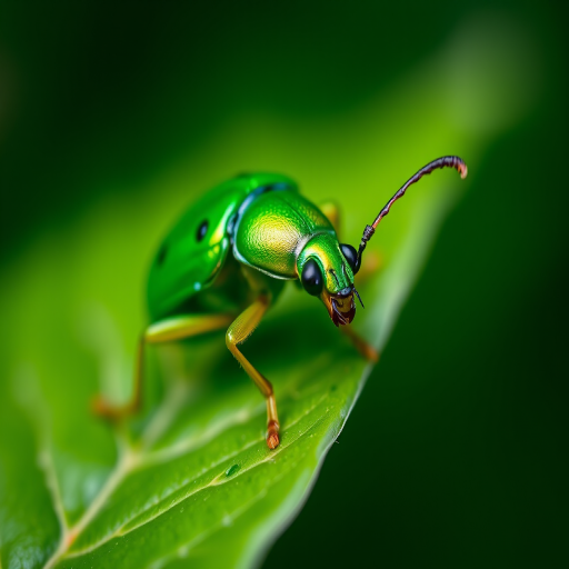 macro shot of a vibrant green beetle perched on a leaf with a shallow depth of field, ISO 200, aperture f/2.8, shutter speed 1/250s, 100mm macro lens, natural light, DSLR camera