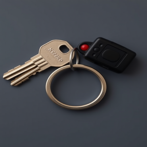 Generate a high-resolution image of two keys and a circular keyring, photographed from a top-down view, using a DSLR camera with a 50mm lens, aperture set to f/2.8, shutter speed 1/125s, and ISO 100 for optimal clarity and detail.