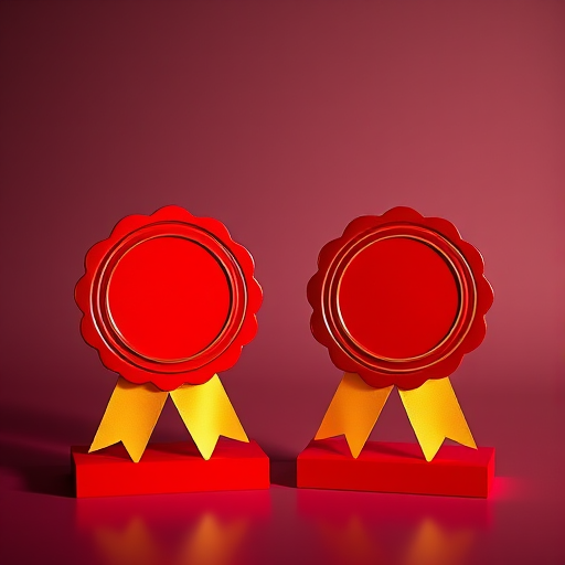 Create a high-resolution image of two red awards with yellow ribbons, one with a scalloped edge and one with a classic edge, using a Canon EOS R5, 50mm lens, f/2.8 aperture, ISO 100, and soft, diffused lighting for clarity and vibrant colors.