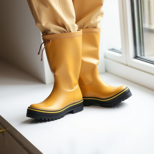 Generate an image of a pair of stylish, yellowish-beige rubber boots with a relaxed fit, featuring a thick black sole and a yellow stripe along the base. The boots should be placed next to a window, showcasing a modern and clean aesthetic.