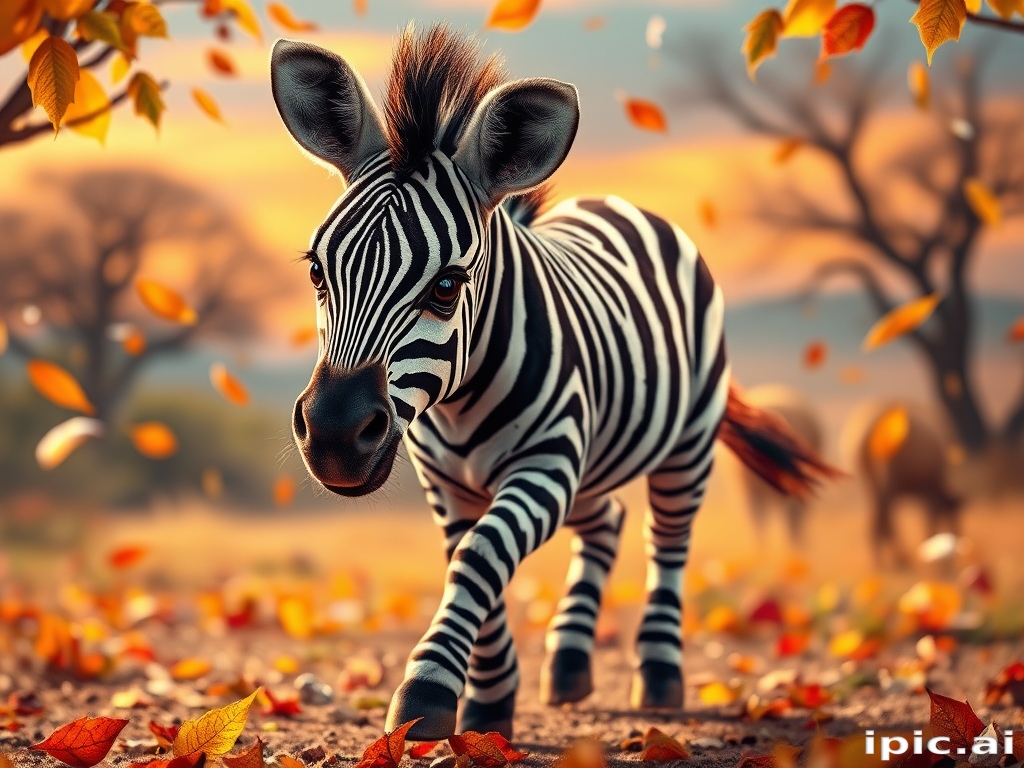 A hyper-realistic digital artwork of an adorable cute zebra walking gracefully, looking directly at the viewer with big expressive eyes. The fur of the zebra is slightly dense and textured, with each hair finely detailed. fantasy savanna landscape, colorful and cheery, Leaves gently fall around it, adding to the magical, serene atmosphere, sunrise