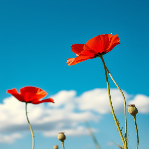 Create a digital illustration of two vibrant red poppy flowers against a clear blue sky with a few fluffy white clouds, focusing on a close-up view with high contrast and sharp detail, using a Canon EOS R5 with a 50mm f/1.2 lens, aperture set to f/2.0, ISO 100, and a shutter speed of 1/200s to enhance color saturation and clarity.