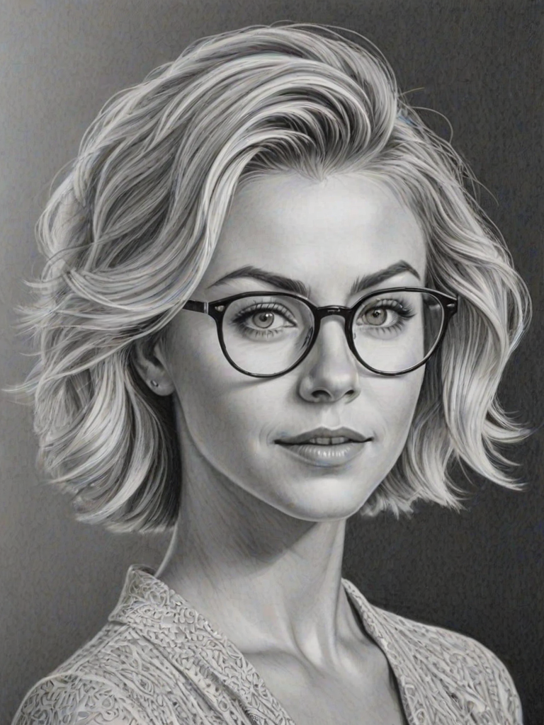 Enchanting Julianne Hough, pencil sketch, portrait of Lovely woman 1948s in glasses, hair style beatnik, outline, clear lines, fine lines, 8k