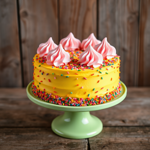 A colorful cake with a smooth yellow frosting decorated with pink whipped cream dollops on top and vibrant sprinkles all around the sides displayed on a light green cake stand with a rustic wooden background
