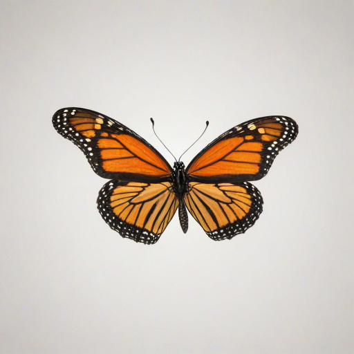 Generate an image of a monarch butterfly with vibrant orange and black wings, positioned in mid-flight against a plain white background, casting a subtle shadow beneath it.