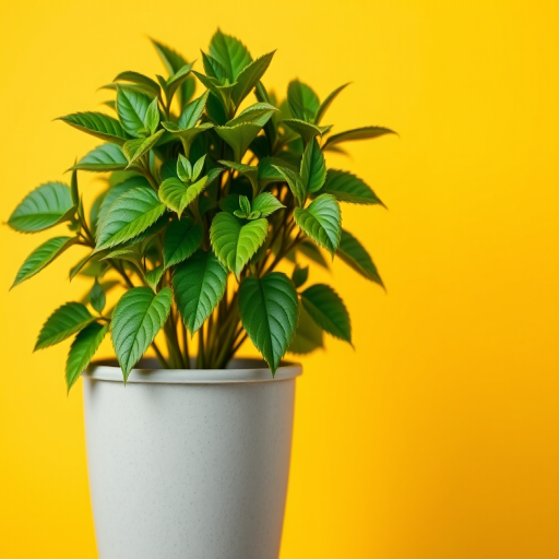 A vibrant green plant in a gray pot set against a warm yellow background, captured with a DSLR camera, 50mm lens, f/2.8 aperture, ISO 200, shot at eye level for a clear, focused view.