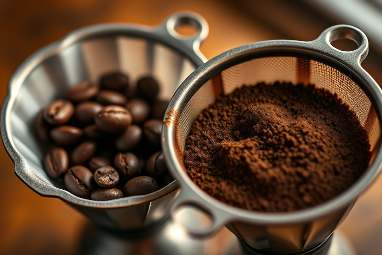 Close-up shot of two portafilters, one filled with whole coffee beans and the other with ground coffee, softly illuminated in warm tones, f/2.8 aperture, 1/60 shutter speed, ISO 200, DSLR camera, natural light.