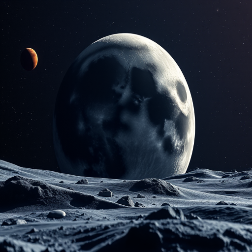 Generate a high-resolution image of a realistic lunar landscape featuring a detailed gray moon and a smaller red planet in the background, with a starry space backdrop; use a DSLR camera with a 35mm lens, aperture set to f/2.8, ISO 100, and a shutter speed of 1/250 sec, focusing on vivid colors and sharp contrasts.