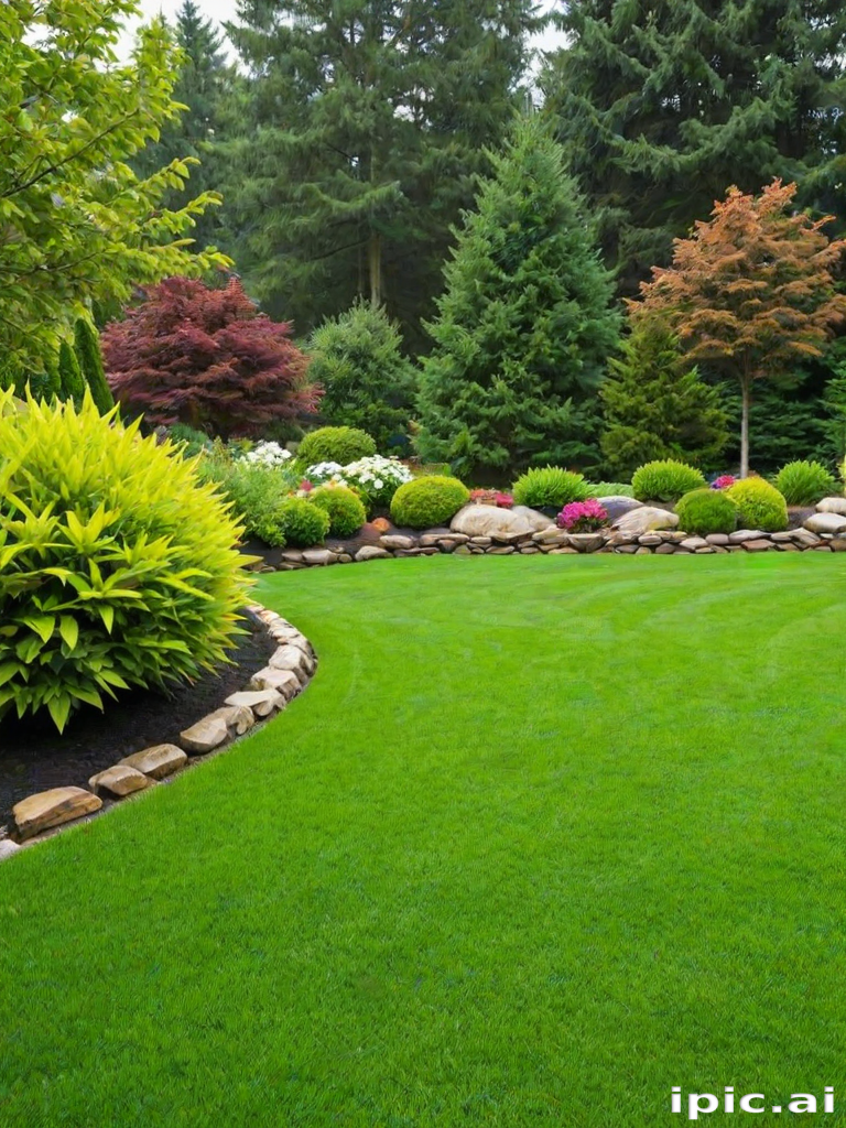 Beautifully Designed Garden with Lush Green Lawn and Vibrant Shrubs