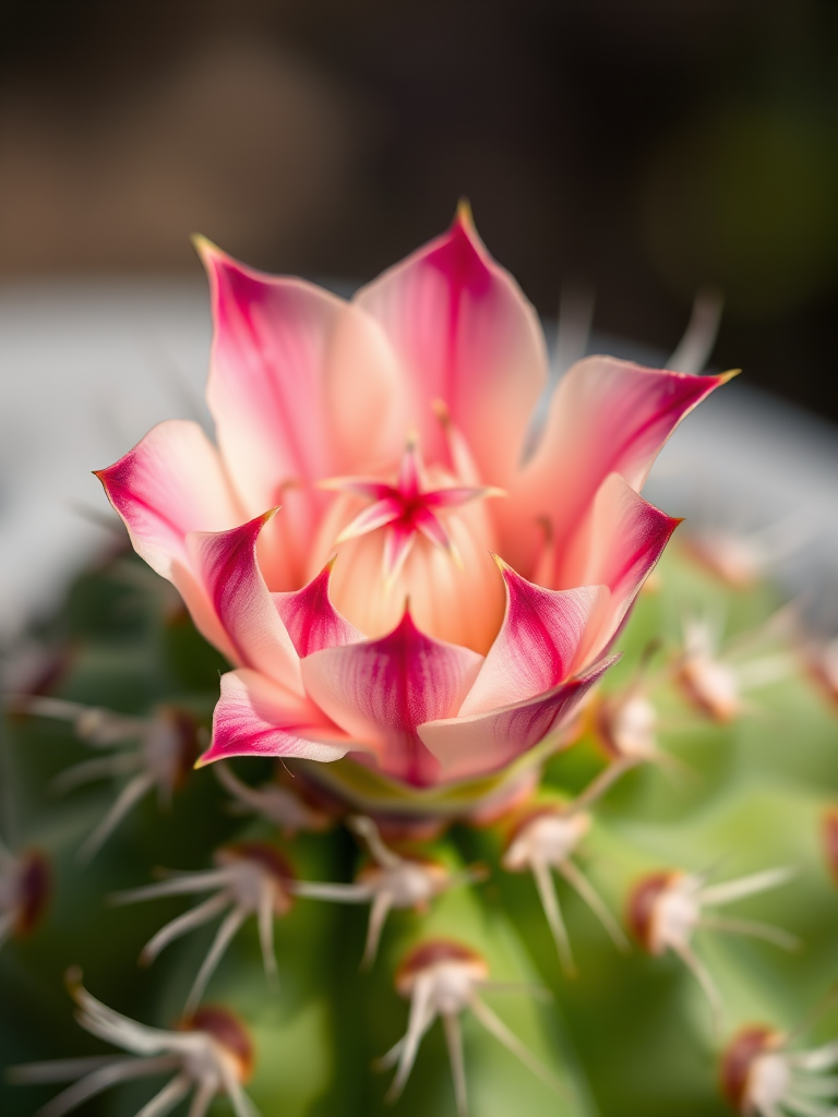 Close-up shot of a vibrant cactus flower with pink and white petals, sharp thorns, soft background blur, shot with a DSLR camera, aperture f/2.8, ISO 100, 85mm lens, natural lighting for enhanced colors and detail.