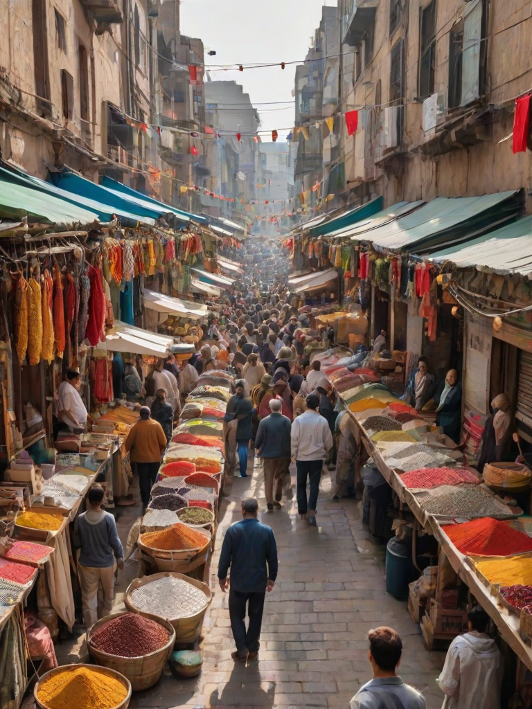 Crisp, clear image of a bustling outdoor market in a foreign city, rows of colorful spices, fabrics, and handcrafted goods on display, vendors chatting with customers, narrow alleyways leading to hidden cafes, strings of lights hanging overhead, the smell of street food wafting through the air.