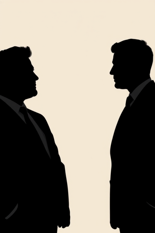Create a high-resolution illustration of three silhouetted men in formal suits standing side by side against a plain background, shot with a Canon EOS R5 at f/4, ISO 200, 50mm lens, in a portrait orientation for sharp details and rich contrast.