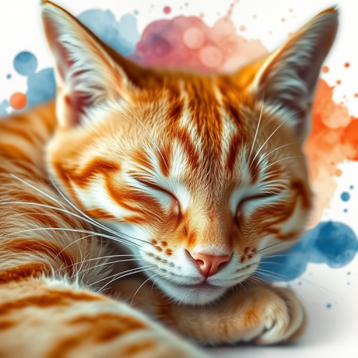 A close-up view of a sleeping orange tabby cat with artistic watercolor splashes in the background, captured using a Canon EOS R5 with a 50mm f/1.2 lens at ISO 100, aperture f/2.8, shutter speed 1/200s, natural soft lighting.
