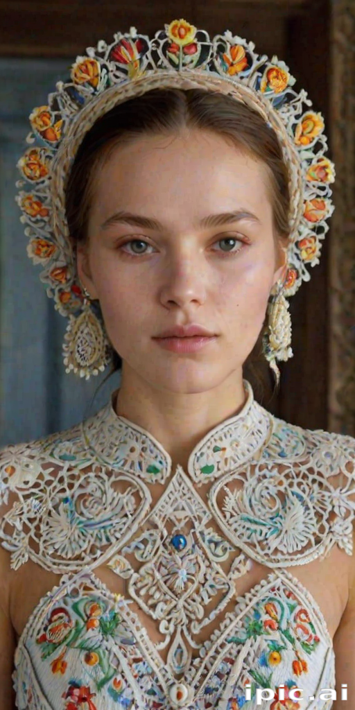 Face, shoulders, chest covered in openwork Ukrainian embroidery. Raw, unedited image.