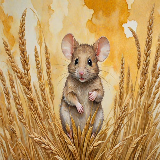 Soft, muted Alcohol Ink with ebru effect background image of tiny whimsical mousey, who climbed high on the top of a golden rye ear.