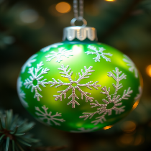create a vibrant green Christmas ornament with intricate white snowflake patterns, shot with a DSLR camera at f/2.8 aperture, 1/60 shutter speed, ISO 200, using a close-up lens to capture fine details and a soft bokeh background.