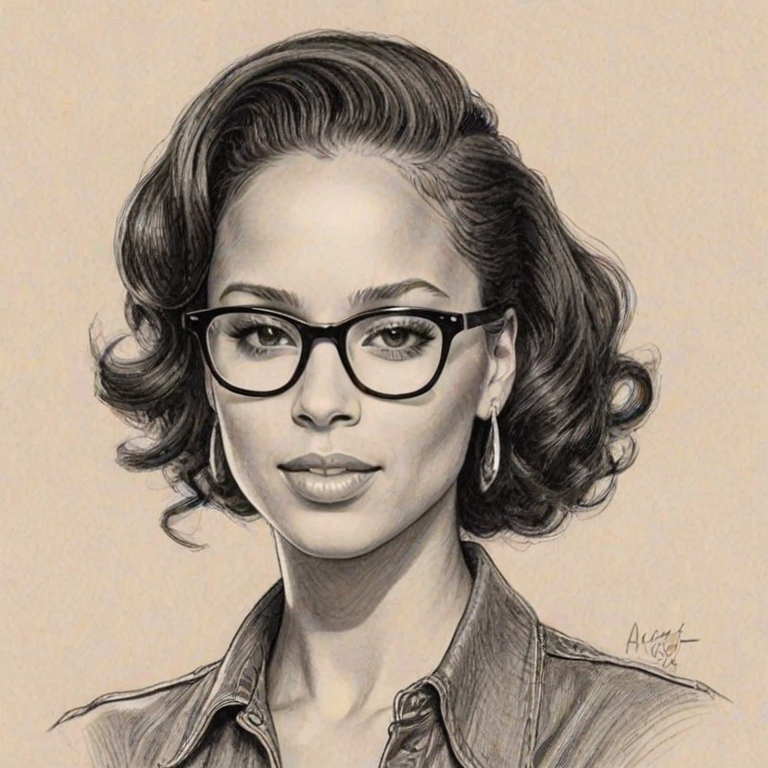 Wonderful Alicia Keys, pencil sketch, portrait of Alluring woman 1940s in glasses, hair style beatnik, outline, clear lines, fine lines, 8k