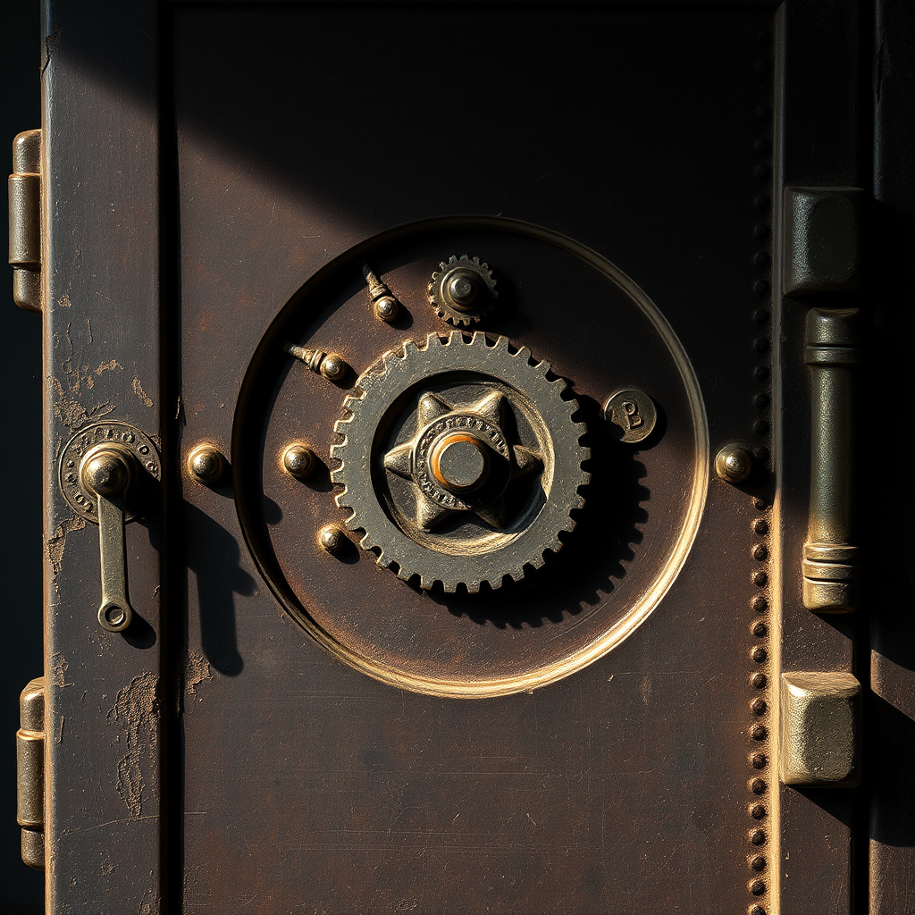 create an image of an antique safe door with intricate gears and a weathered texture, dimly lit from one side, using a Canon EOS R5 with a 50mm f/1.2 lens at ISO 100, aperture f/2.8, and shutter speed 1/60s in a close-up view to enhance details and depth.
