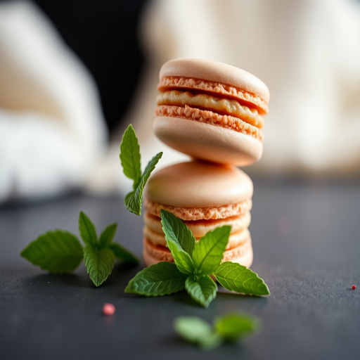 macro shot of three macarons stacked on a dark surface with fresh mint leaves, shallow depth of field, f/2.8 aperture, ISO 100, 50mm lens, studio lighting, Canon DSLR