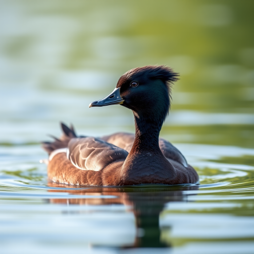 Create a high-resolution image of a tufted duck swimming on a calm lake, shot with a Canon EOS 5D Mark IV, 200mm lens, aperture f/4, shutter speed 1/1000s, ISO 400, using natural lighting and a shallow depth of field to emphasize the duck against a blurred water background.