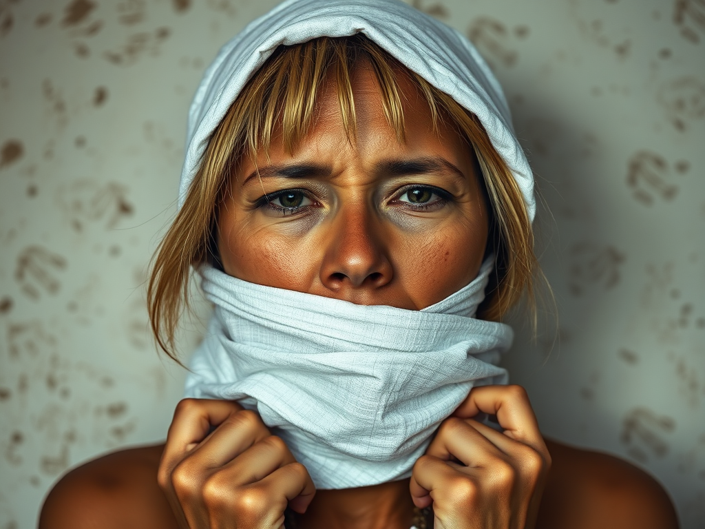 Create a close-up photographic image of a Native American woman with light skin tones shown against an old, worn wall. Their head is wrapped in a white cloth covering (i.e.... parts of the head except the nose and mouth, which are open as if they are screaming...), with a slight texture and visible folds in the fabric. Thin strands of blonde hair escape from the wrapping above, falling lightly at the top and sides. Their hands hold the fabric as if they are tugging nervously. The lighting is dramatic and even, casting strong shadows. The image has a minimalist and surreal style with an emphasis on simplicity with soft color tones. The composition is centered.