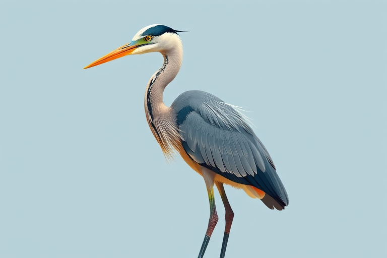 Create a detailed illustration of a heron standing elegantly, featuring vibrant colors and intricate feather details, using a high-resolution digital art style, with a focus on natural lighting, and a slightly tilted angle to capture its posture, emulating a DSLR camera with a 50mm lens at f/2.8 aperture.