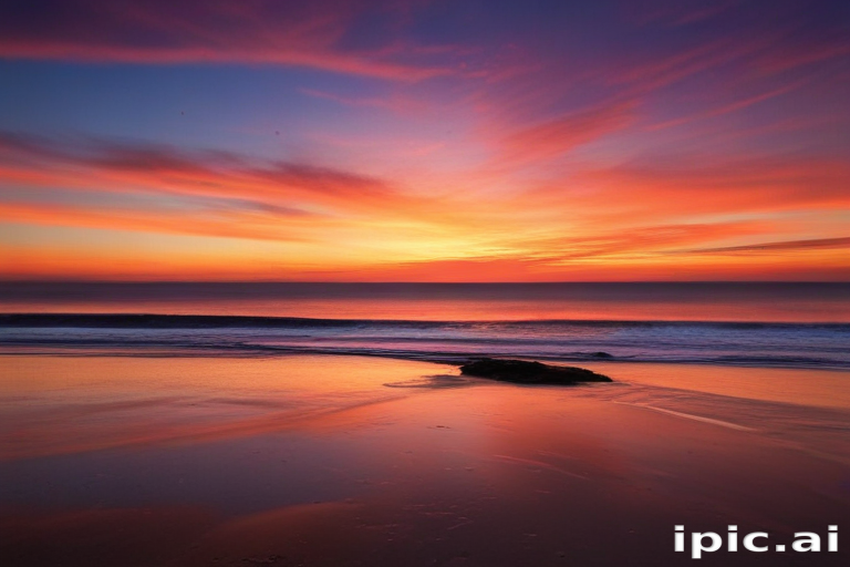 Stunning Sunset Over Tranquil Beach with Vibrant Colors and Reflections