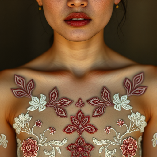 Face, shoulders, chest covered in openwork Vietnamese embroidery. Raw, unedited image.