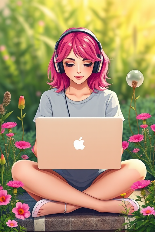 Generate a vibrant illustration of a young woman with pink hair sitting cross-legged at a laptop, wearing headphones, surrounded by flowers and plants, shot with a Canon EOS 5D Mark IV, 50mm lens, f/1.8 aperture, ISO 100, natural lighting, and a soft-focus background for enhanced quality.