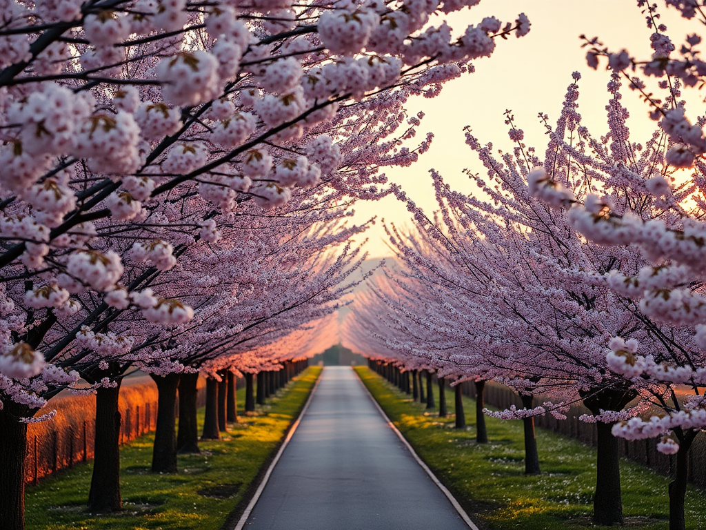 Cherry blossom trees lining a serene pathway in soft pink hues during golden hour, shot with a Canon EOS R5, 50mm f/1.2 lens, aperture f/1.8, shutter speed 1/200s, ISO 100, with a wide-angle perspective to capture depth and lush detail.