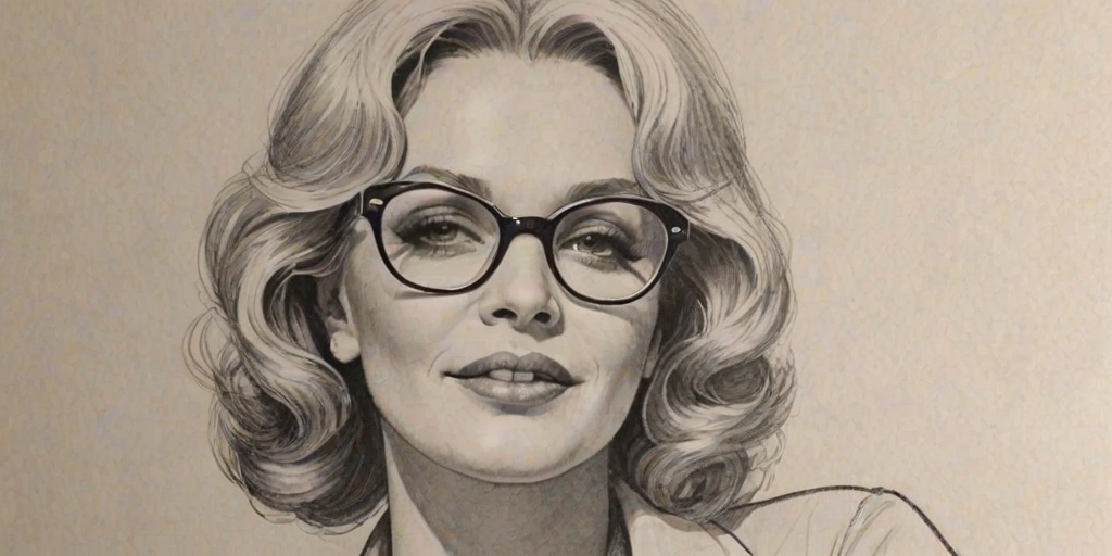 Fascinating Renee Taylor, pencil sketch, portrait of Radiant woman 1972s in glasses, hair style beatnik, outline, clear lines, fine lines, 8k