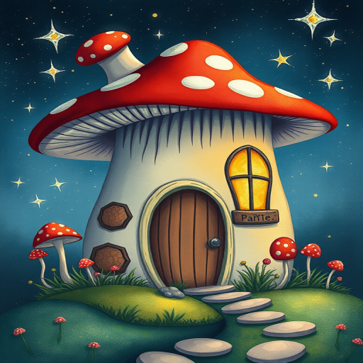 this image is illustration of a mushroom house with a door and a window, a storybook , fantasy art, mushroom house, bg starry sky, sparkles